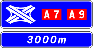 Distance to the upcoming <em>Autoroute</em> interchange with road numbers.