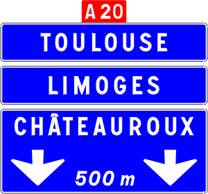 Autoroute interchange and distance to it, arrows indicate the exit lane destinations.