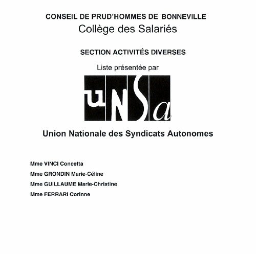 UNSA sample ballot for the 2008 French Prud'Hommes Elections.