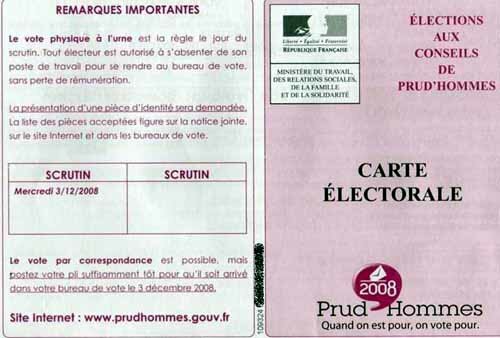 Voting card for the 2008 French Prud'Hommes Elections.