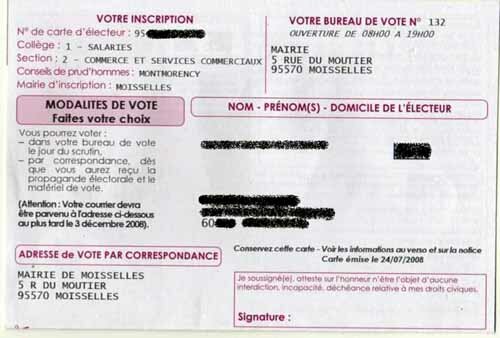 Voting card for the 2008 French Prud'Hommes Elections.
